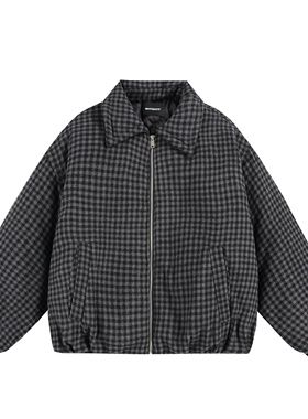 MAOQIAOYI 复古格纹毛呢夹克宽松翻领男女同款美式潮流棉服上衣