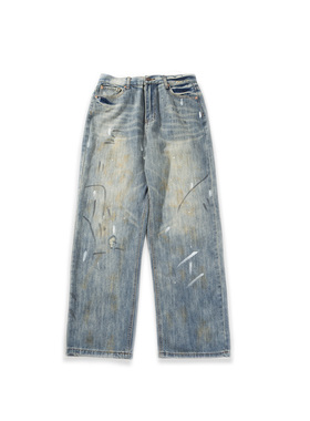 FORN3 25SS新款日系复古水洗做旧泼墨牛仔裤宽松直筒设计感长裤