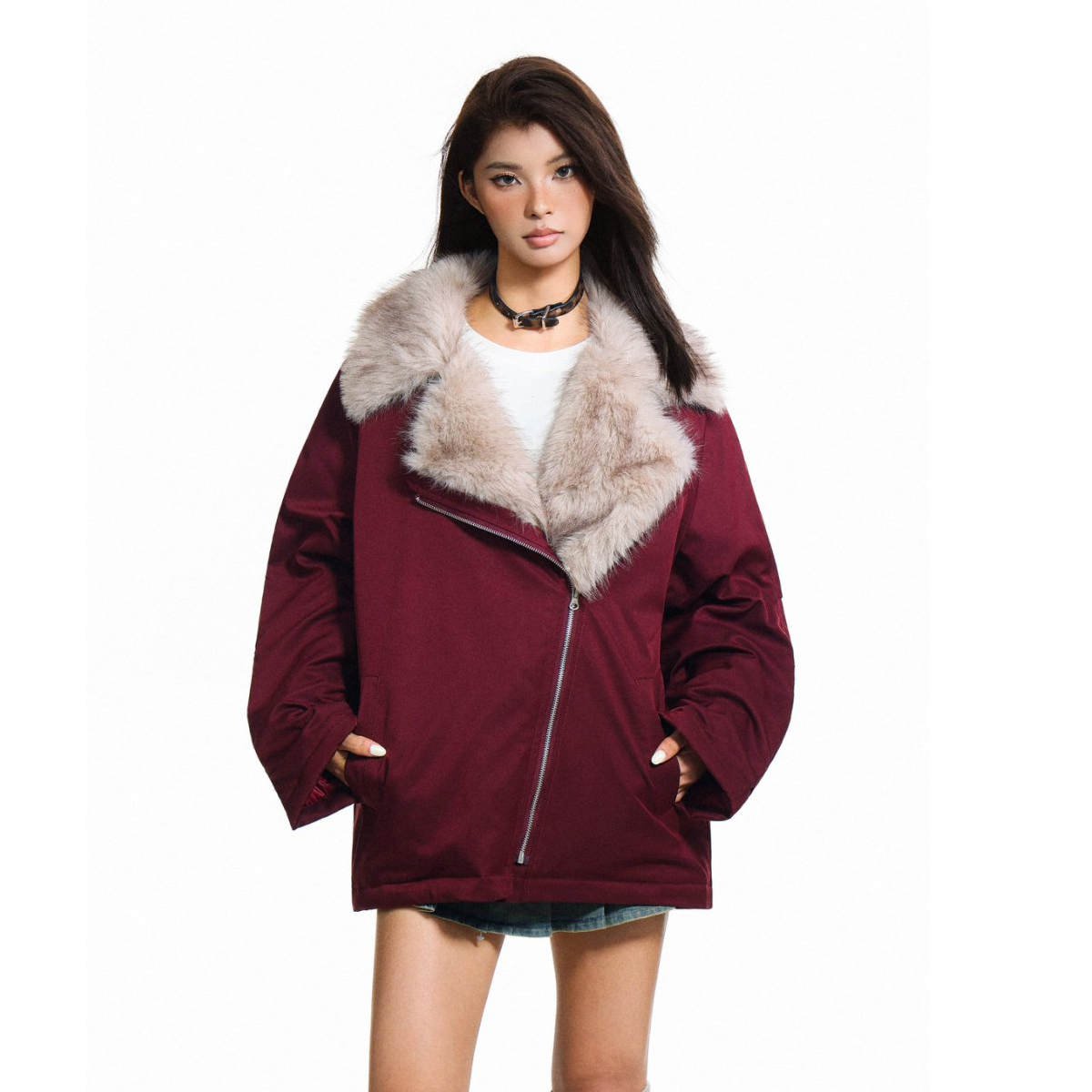 N-52TRW 美式小众斜襟拉链设计棉服毛领加厚复古保暖高级感外套