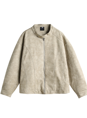 mayuEnjoy 美式潮牌复古机车夹克春秋水洗立领哈灵顿PU皮休闲外套