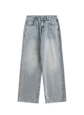 REFUSELOW 2024新款水洗垂感牛仔裤美式复古三本针宽松做旧直筒裤