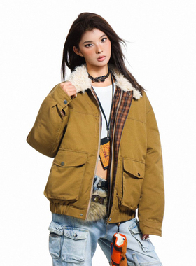 N-52TRW 复古毛绒翻领加厚保暖棉衣美拉德格子拼接夹棉情侣外套