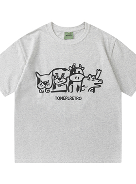 NEPLEURE 2025夏季新款美式街头卡通小狗印花宽松圆领休闲短袖