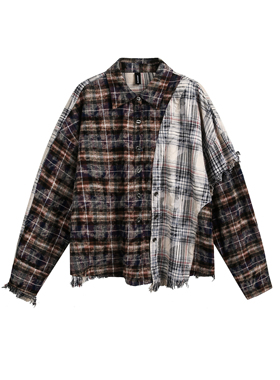 BLACKHOOP 2025春秋小众复古破坏风拼接流苏格子长袖衬衫美式外套