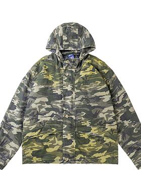 TAELE PLUS 秋款工装复古连帽夹克美式复古迷彩拼接痞帅牛仔外套