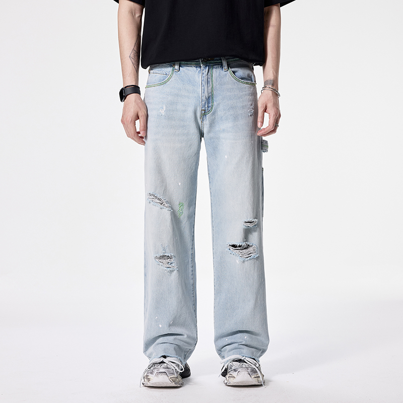 BLACK ARMADA 美式复古设计感碎脚边破洞工装裤宽松阔腿牛仔裤