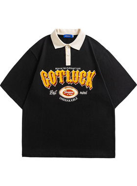 SEVENNOS 2025美式复古撞色翻领字母印花宽松休闲百搭短袖polo衫