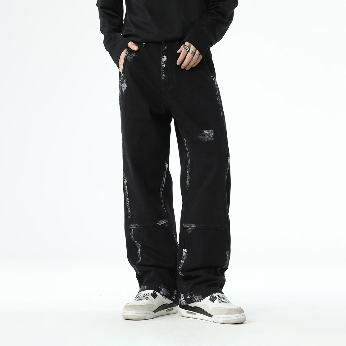 休闲宽松阔腿直筒泼墨长裤牛仔裤