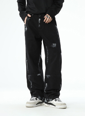 BLACK ARMADA秋冬新款重磅泼墨涂鸦牛仔裤宽松直筒阔腿休闲长裤