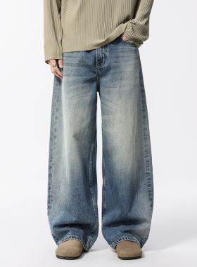 BLACK ARMADA 美式潮牌宽松复古水洗做旧牛仔裤垂感直筒弯刀裤