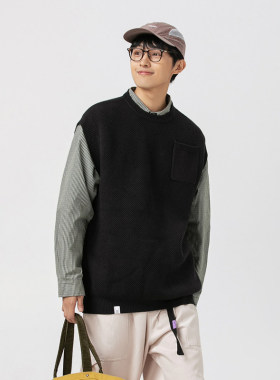 UNDREST简约针织马甲无袖通勤坎肩复古廓形宽松圆领百搭小口袋衫