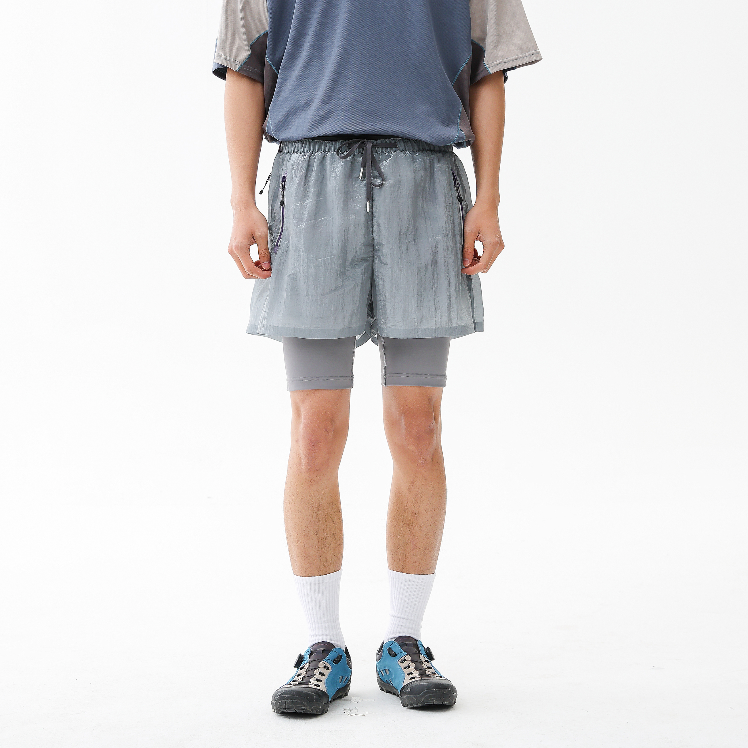 BLACK ARMADA 夏季户外日系复古运动健身假两件印花速干跑步短裤