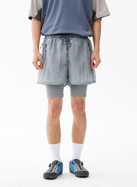 BLACK ARMADA 夏季户外日系复古运动健身假两件印花速干跑步短裤