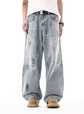 HTEMONSTER 2025春夏新款破洞高街牛仔裤美式痞帅休闲宽松直筒裤