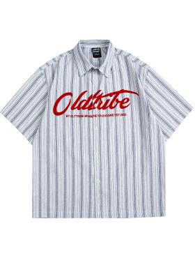 OLDTRIBE 2025夏季新款棉麻透气短袖衬衫复古条纹小众字母印花衫