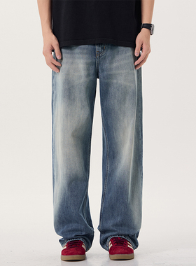 BLACK ARMADA 2025年春秋脏蓝色牛仔裤潮牌简约休闲宽松直筒裤