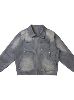 EPICURUS 春秋季高街撞钉贴片工装夹克翻领多口袋休闲外套