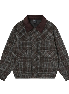 TAELE PLUS巴恩风复古老钱格纹夹克秋季撞色毛呢情侣短款百搭外套