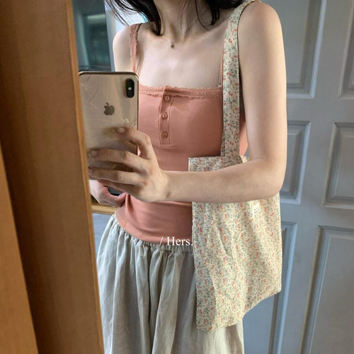 Hers一勺甜夏季韩系纯欲风基础款百搭蕾丝吊带半排扣背心女80405