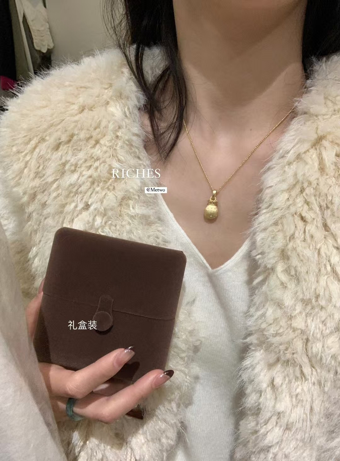 METWO新年招财钱袋子沙金项链福袋手工古法拉丝镶钻项链