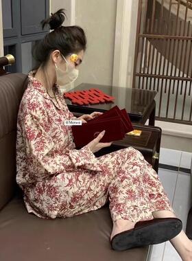 METWO红色睡衣女日式碎花树叶图案翻领开衫长裤两件套红色睡衣女
