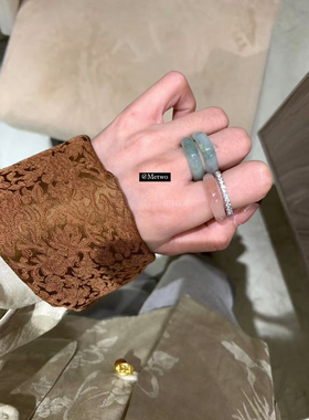 METWO天然金丝玉桃花酿玉戒指天山翠指环镶钻戒指叠带中式