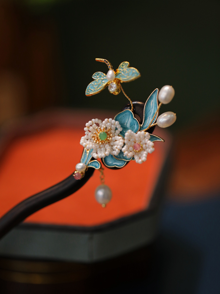 陌上芊簪子新中式烧蓝珍珠发饰