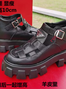 2025万增百丽厚底p家三角标凉鞋内增高9 10cm包头松糕鞋YF599FIB1