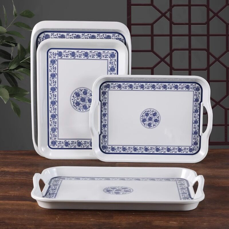 密胺青花瓷托盘长方形塑料盘创意茶盘快餐盘水果盘幼儿园餐盘商用