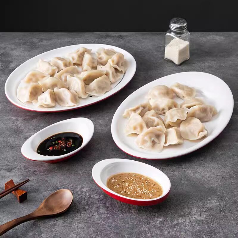 密胺饺子盘商用饭店餐厅大号椭圆形加厚虾盘水饺盘子带隔板沥水盘