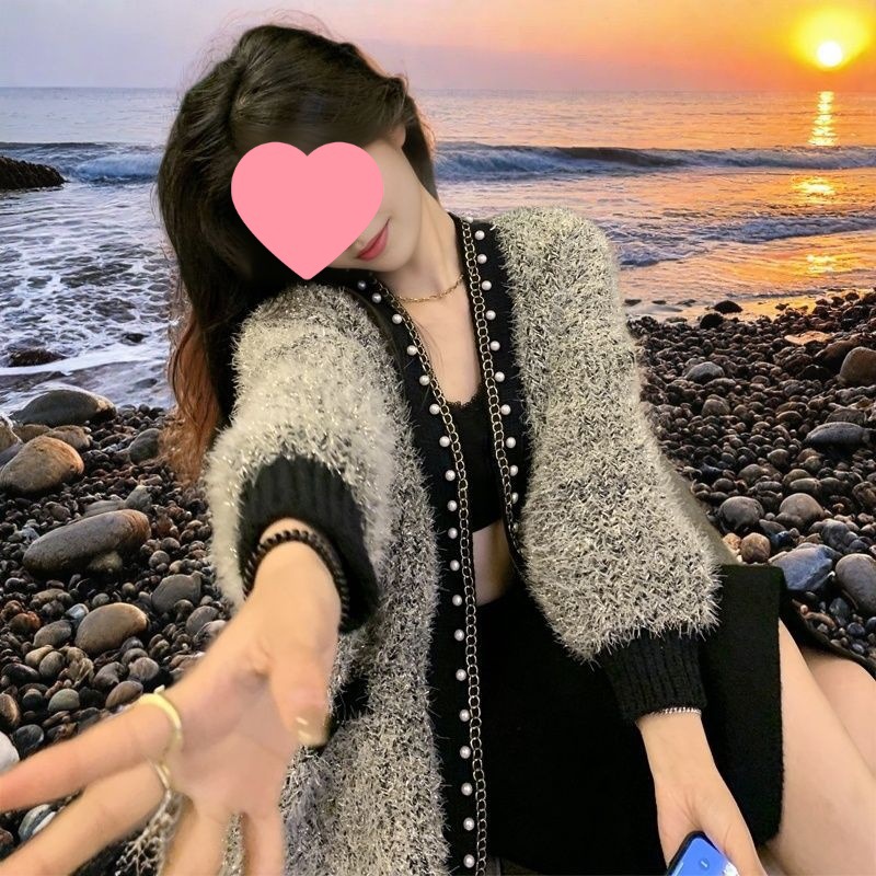 小香风钉珠亮丝毛茸茸链条毛衣外套女冬季加厚高端气质宽松上衣