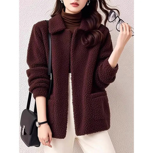 复古红色仿羊羔毛短外套女2024冬新款休闲小个子穿搭百搭长袖