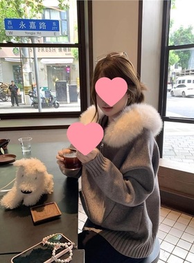 DRYWORLD秋冬新款气质宽松高级慵懒韩系毛衣毛领连帽针织外套