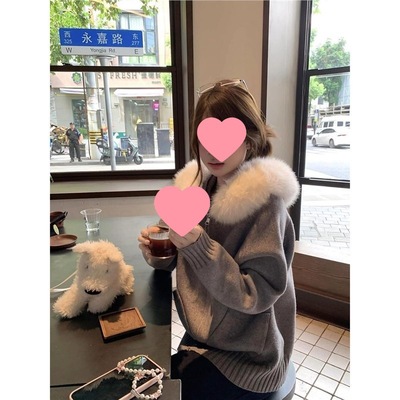 DRYWORLD秋冬新款气质宽松高级慵懒韩系毛衣毛领连帽针织外套