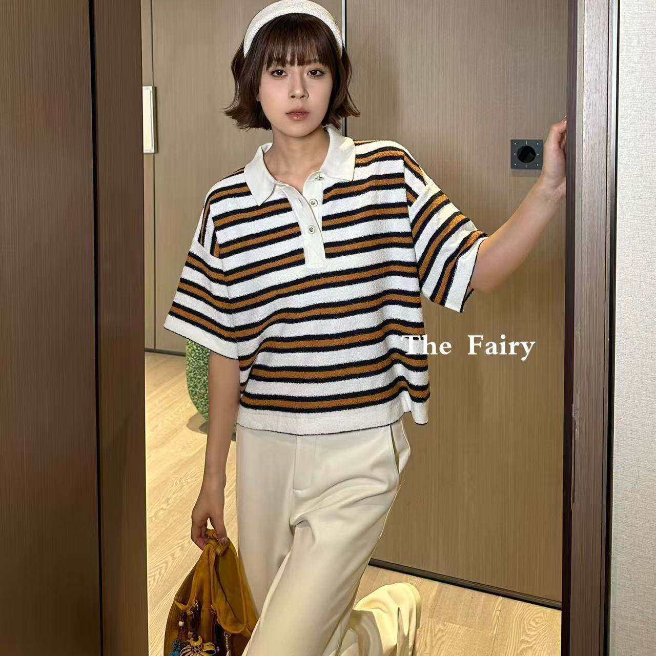 好漂亮好漂亮翻领条纹针织半袖T恤女2026年早春新款短袖上衣宽松