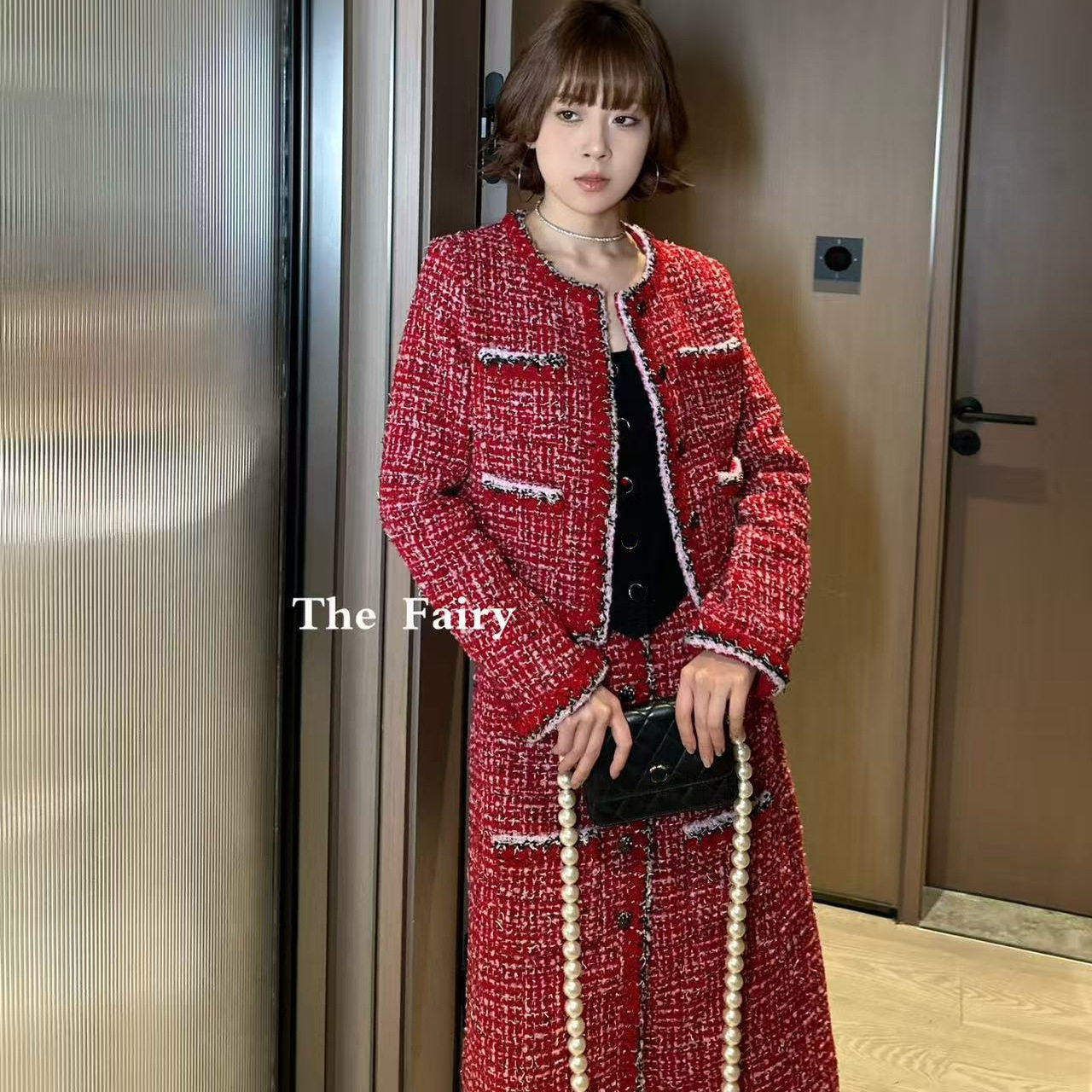 好漂亮好漂亮红色小香风外套搭配半裙时尚女装2025年冬季新款短潮