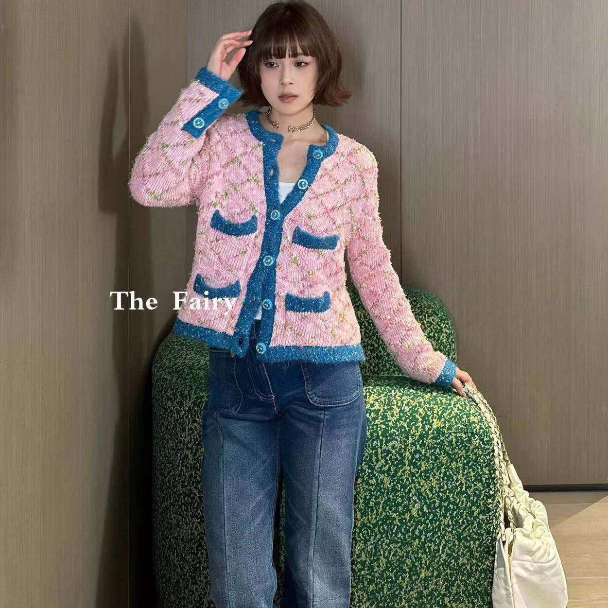 好漂亮好漂亮蓝粉拼色针织开衫外套女2025年冬季新款短上衣名媛潮