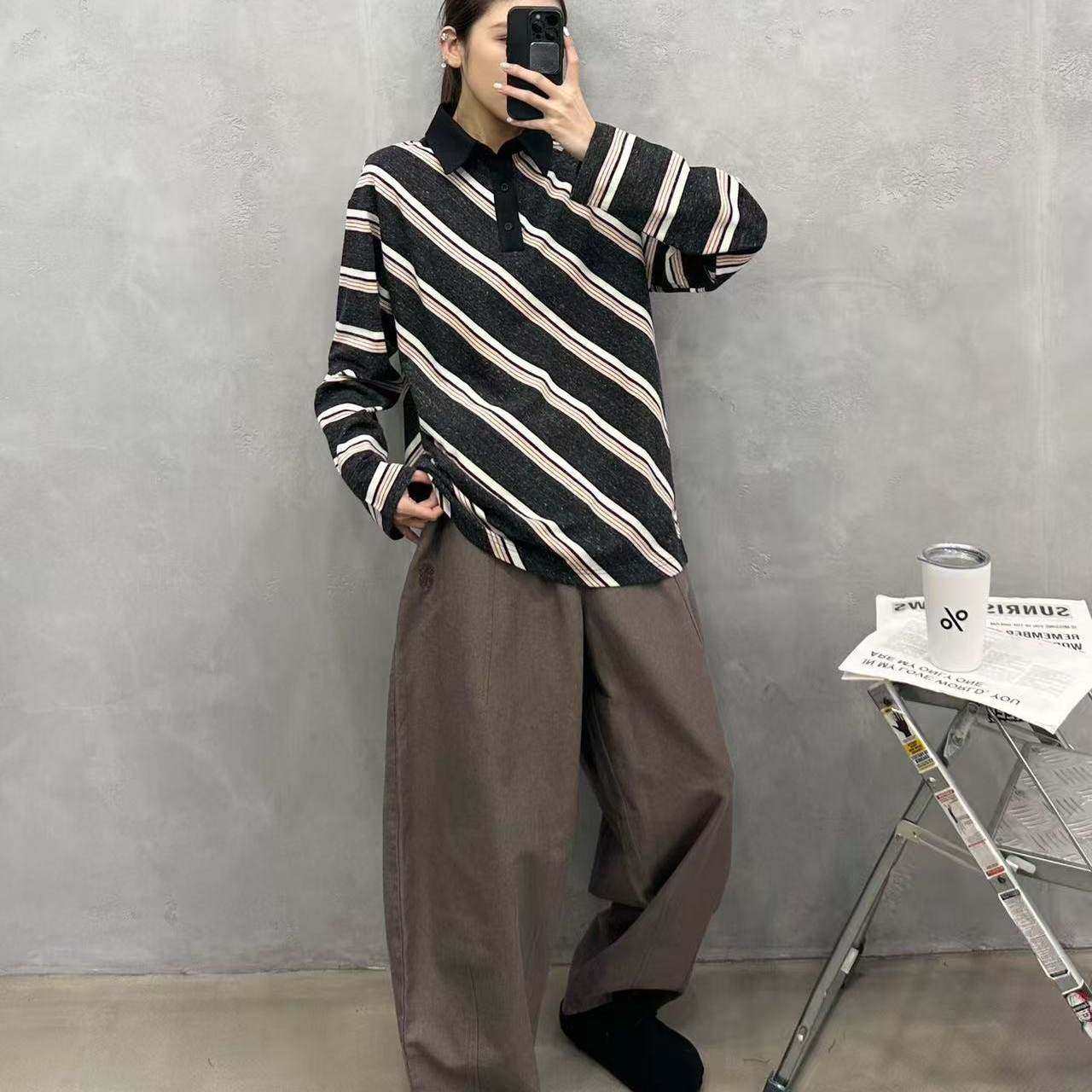 好漂亮拼色斜条纹T恤女2025年冬季新款打底衫宽松休闲上衣时尚潮