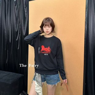 好漂亮马车图案圆领长袖T恤女2026年早春新款短上衣宽松休闲时尚