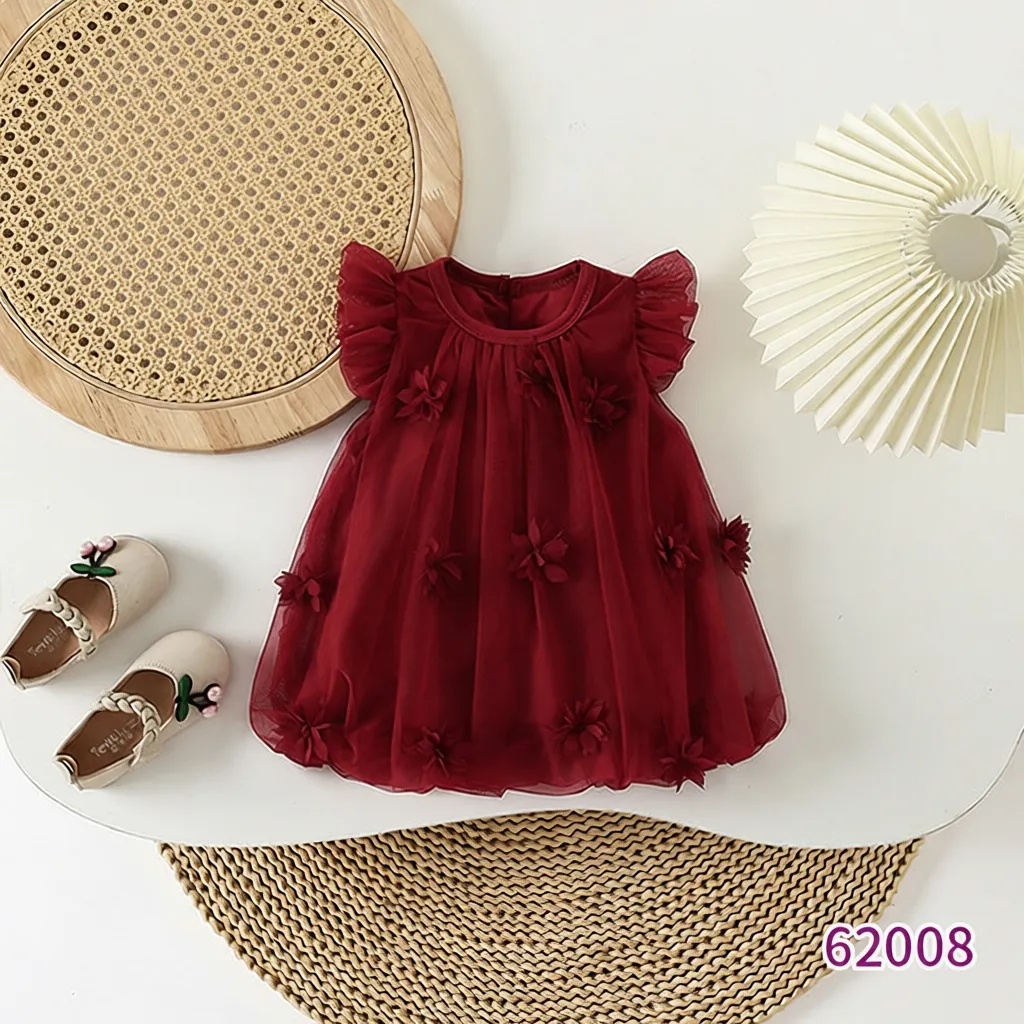 夏季新款女童连衣裙精致立体花女宝宝周岁礼服红色网纱飞袖公主裙