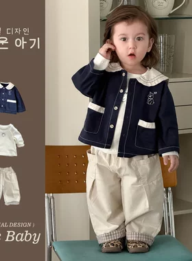 幼禾男宝宝春季海军领外套1岁男孩学院风套装男童t恤长裤洋气春款