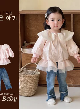 2025春季新款韩版婴幼童洋气甜美女宝宝长袖翻领外套牛仔裤套装潮