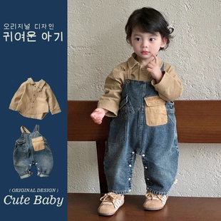 秋季新品日系休闲套装2025秋男宝牛仔婴幼童翻领衬衫背带裤两件套