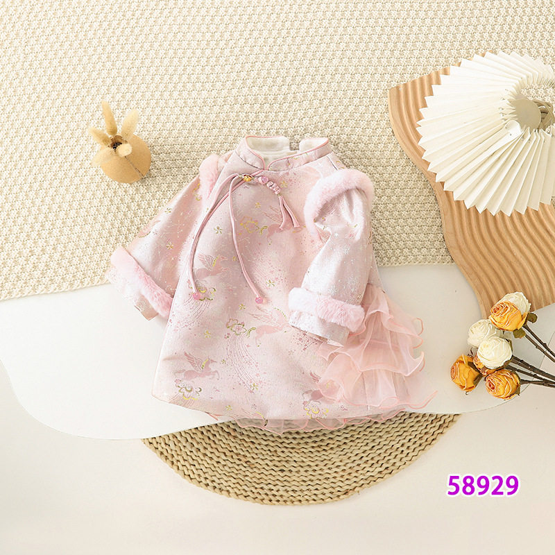 女童汉服连衣裙冬装宝宝国风旗袍裙周岁礼服马年喜庆拜年服公主裙