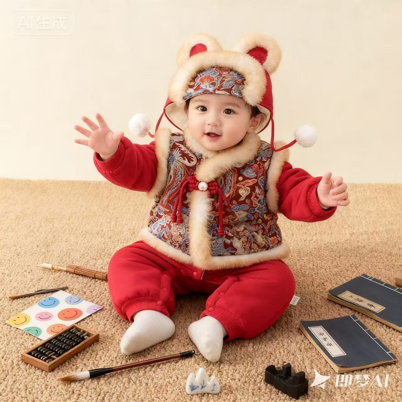 宝宝抓周礼服套装冬季加厚加绒连体衣婴儿生日百天国风喜庆拜年服