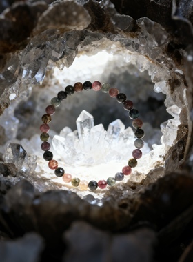 老料碧玺手链单圈多圈正品老矿彩虹色碧玺珠子散珠串珠单圈手串