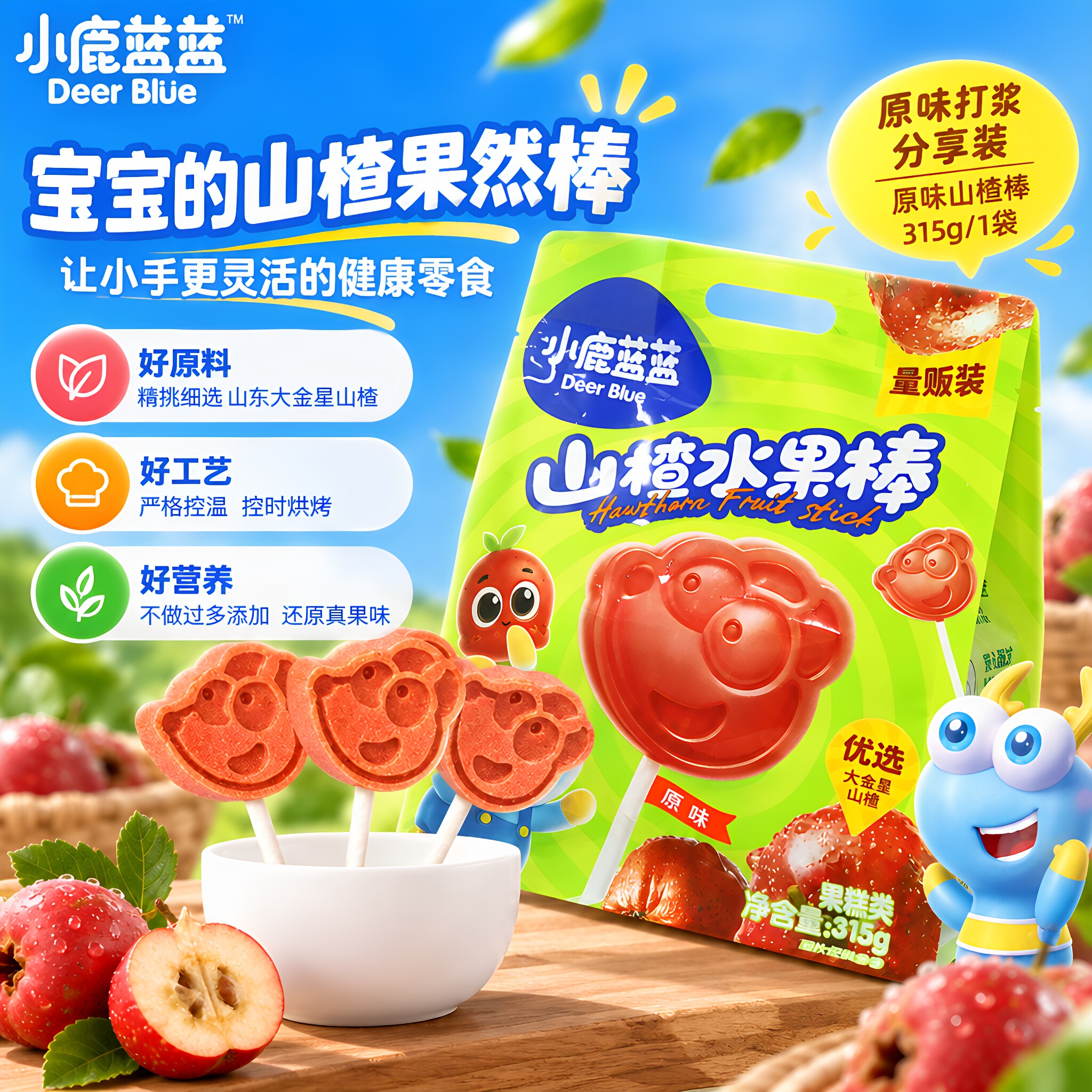 小鹿蓝蓝山楂棒量贩装山楂棒棒糖果肉条儿童零食糖果小吃315g