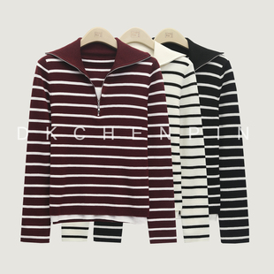 呈品60支18针德国扬子350克精纺羊毛假两件撞色条纹针织衫 2025秋