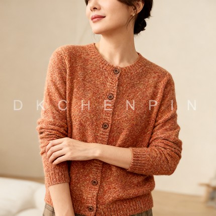 呈品高支毛条四色并纱上衣复古花纱毛衣100羊毛针织开衫2025秋季