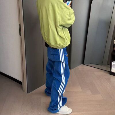 三条杠灯芯绒条纹马鞍扣复古运动纯棉直筒休闲秋冬长裤男